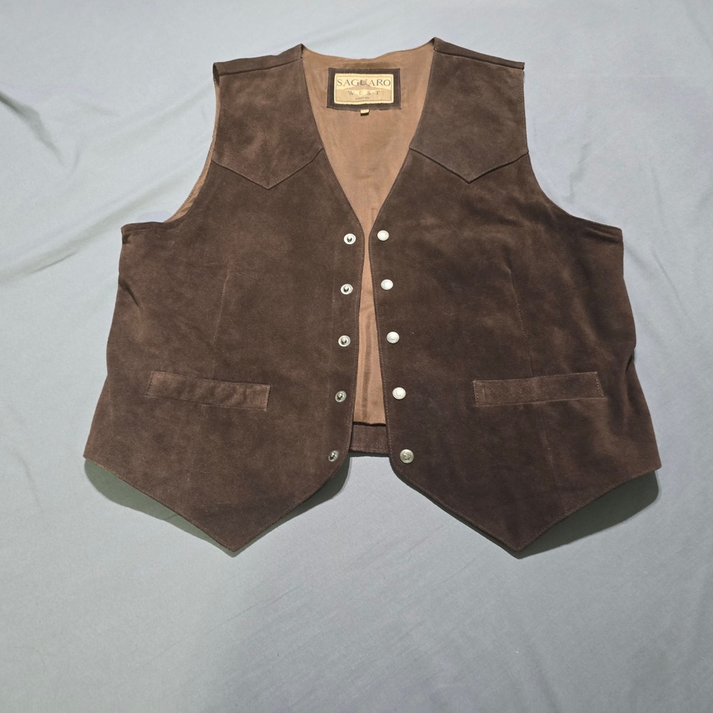 Saguaro West Roper Suede Leather Vest Mens 2XL Brown Western Snap Front Yoke